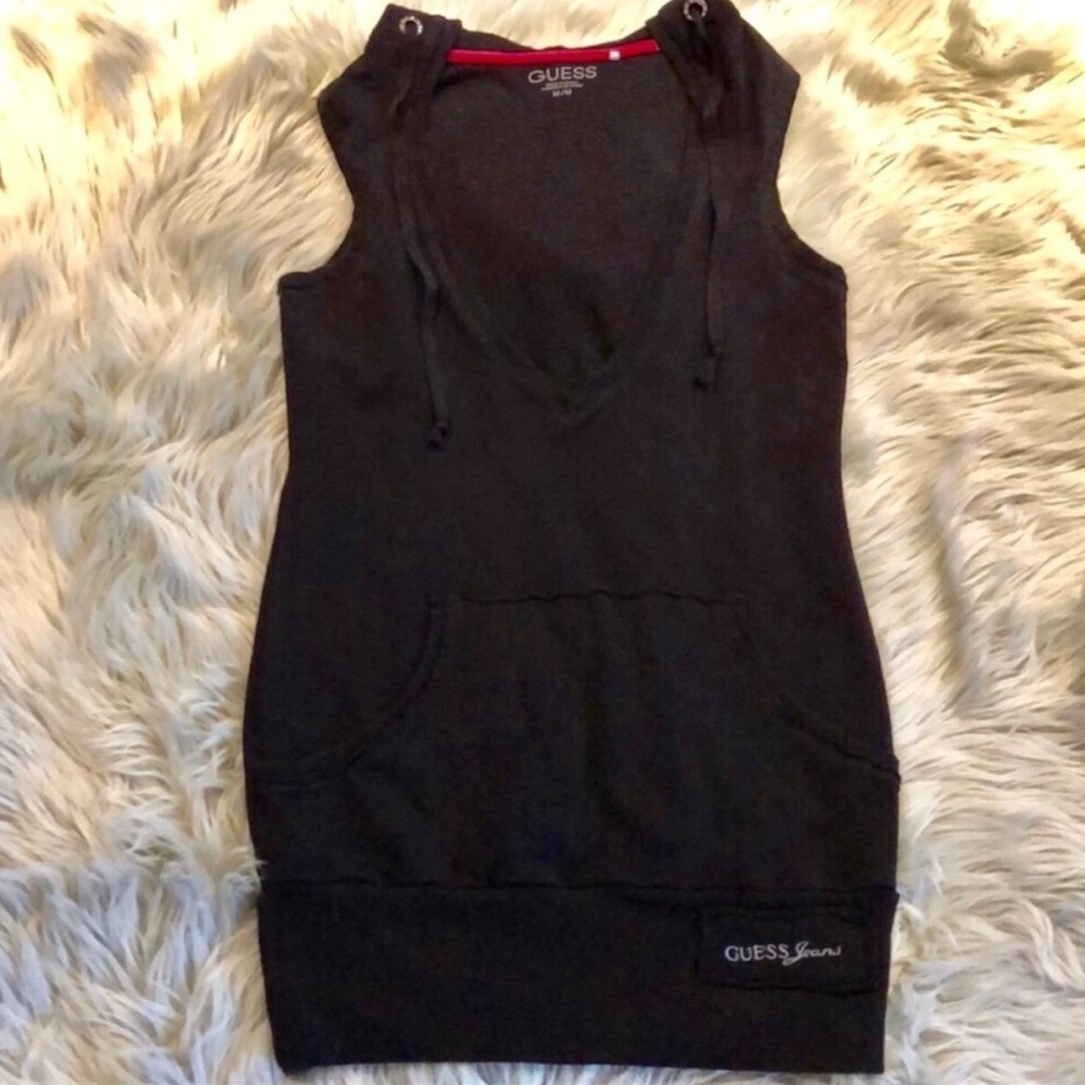 Guess Black & Pink Trim Sleeveless Pocket Hoodie